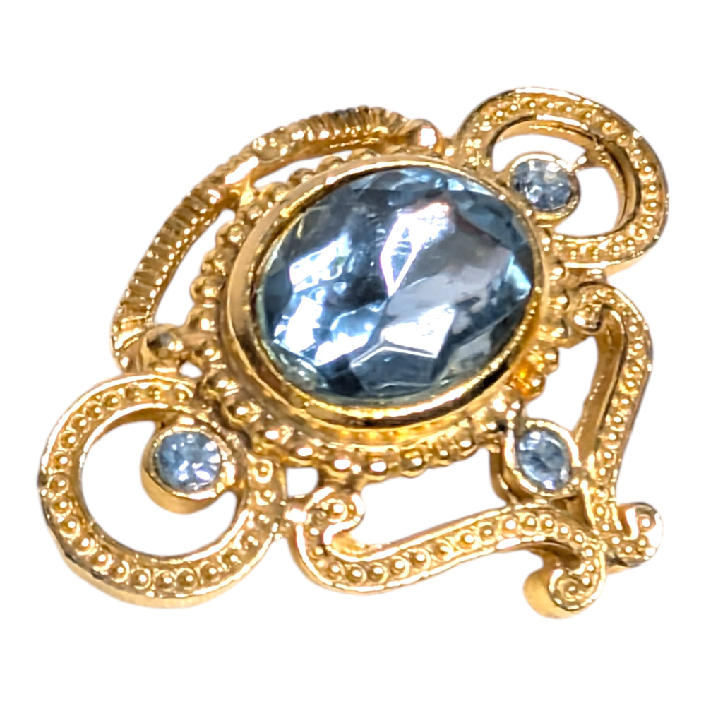 Gold Metal with Faux Aquamarine Stone Brooch Pin Elegant Elaborate‎ Vtg Jewelry